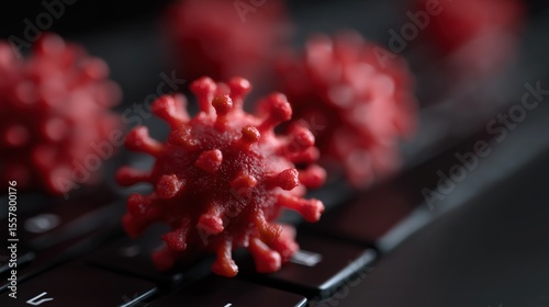 Wallpaper Mural A red spiky computer virus on a black keyboard in a dark digital environment symbolising cyber security threats. Torontodigital.ca