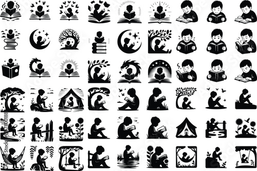 Child with Open Book Vector Icons – Education and Knowledge Silhouettes Boy Reading Book Silhouette Set – Study and Learning Icon Collection