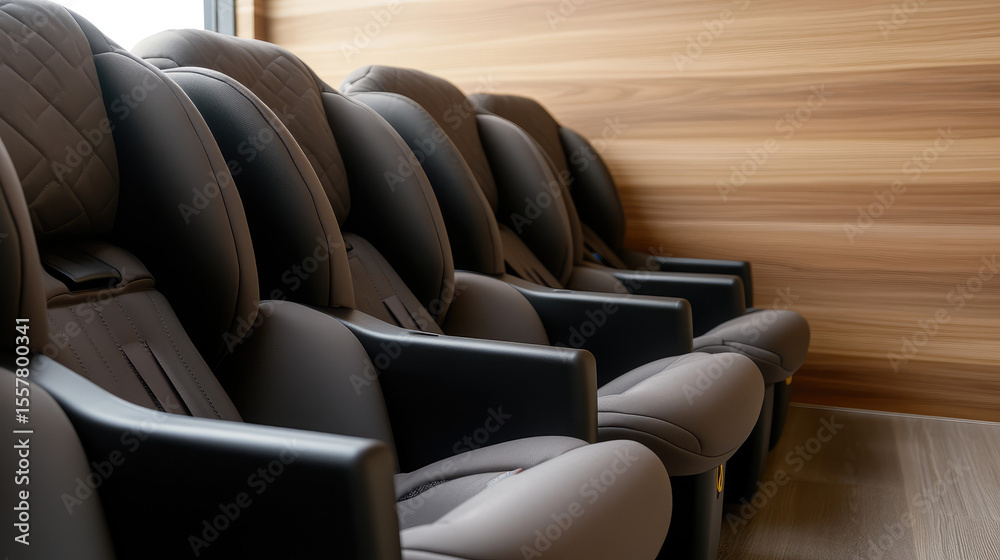 Obraz premium Comfortable, cushioned seats are lined up along a wooden wall in a modern setting. 
