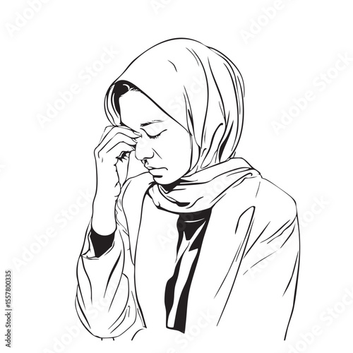 Woman in hijab experiences sadness and headache