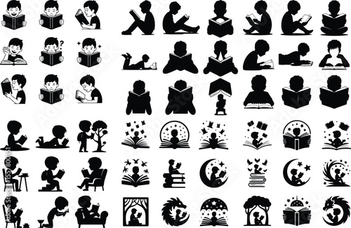 Child with Open Book Vector Icons – Education and Knowledge Silhouettes Boy Reading Book Silhouette Set – Study and Learning Icon Collection