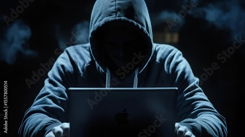 Hooded figure using laptop in dimly lit room