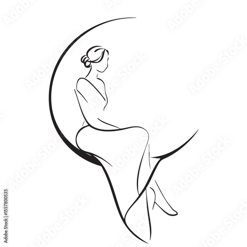 Elegant line art of woman sitting on moon concept