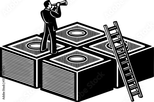 Business leader observes future opportunities using a megaphone while standing on financial building blocks concept