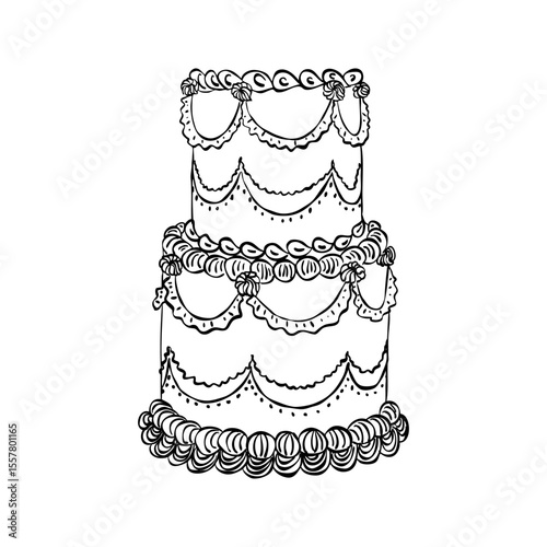 Whimsical cake. Vintage style minimalist outline ink elegant element. Trendy retro coquette line food. Hand drawn antique isolated vector illustration. Old party birthday, anniversary, wedding design