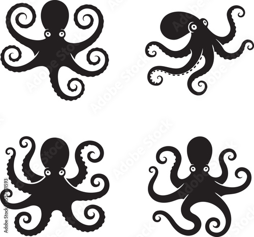  Set of Octopus silhouette vector illustration isolated On Transparent Background 