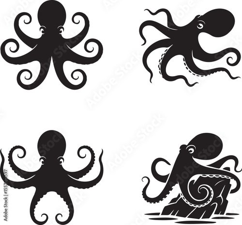  Set of Octopus silhouette vector illustration isolated On Transparent Background 