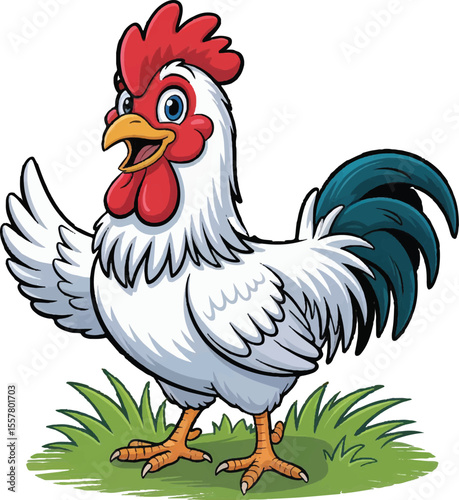 Cheerful cartoon rooster standing on green grass displaying a happy expression