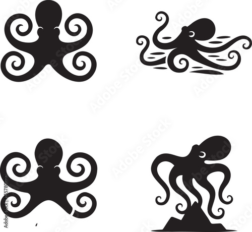  Set of Octopus silhouette vector illustration isolated On Transparent Background 