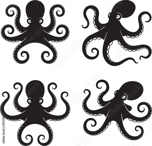  Set of Octopus silhouette vector illustration isolated On Transparent Background 