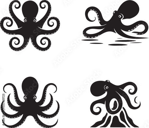  Set of Octopus silhouette vector illustration isolated On Transparent Background 