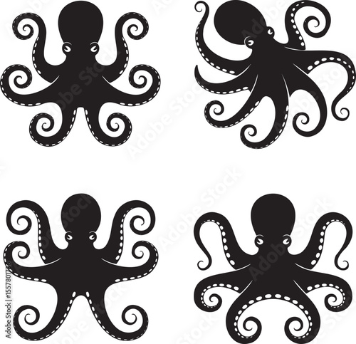  Set of Octopus silhouette vector illustration isolated On Transparent Background 