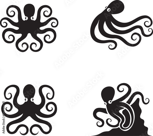  Set of Octopus silhouette vector illustration isolated On Transparent Background 