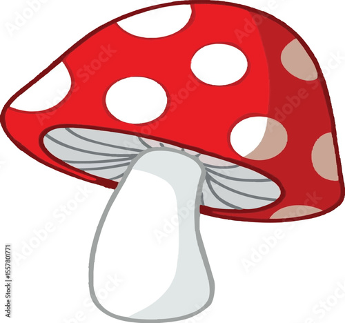 Vibrant cartoon illustration of a classic red and white spotted toadstool mushroom design