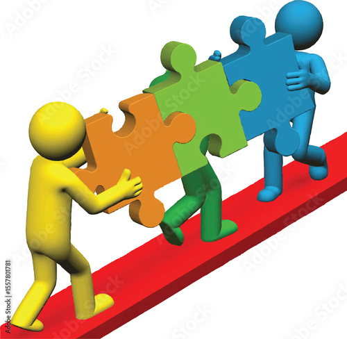 Teamwork concept illustrated with colorful stick figures assembling puzzle pieces together