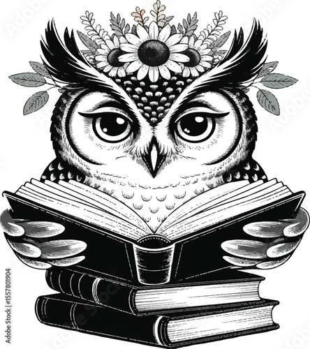 Intricate owl with floral crown reading a book stacked on other books in black and white