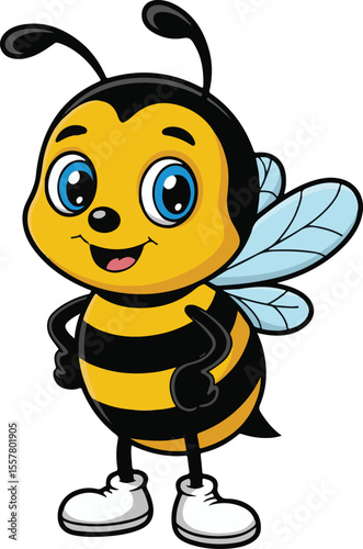 Adorable cartoon bee with smiling face and blue eyes in a fun and playful illustration