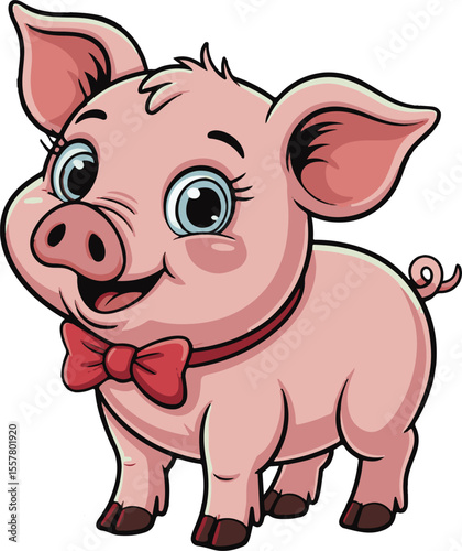 Adorable cartoon piglet with bowtie smiling standing and facing forward isolated on white background