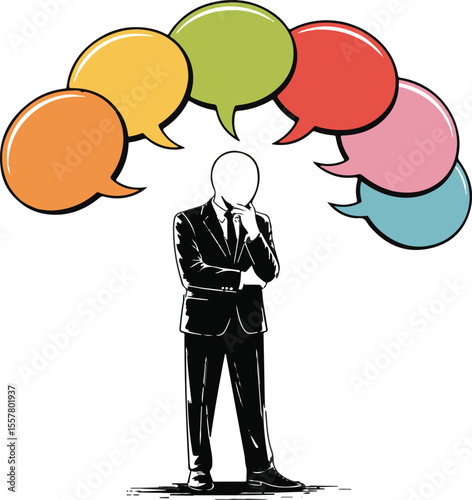 Business professional contemplating with colorful speech bubbles illustrating ideas