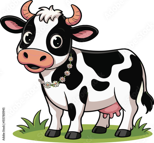 Cartoon illustration of a smiling black and white cow wearing a daisy flower necklace