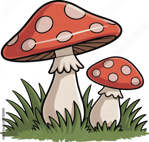 Illustration of two cartoon red mushrooms with white spots in lush green grass.