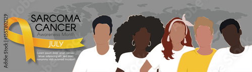 Sarcoma Cancer Awareness Month vector with yellow ribbon and diverse faceless portraits. A modern, inclusive design ideal for healthcare campaigns and July awareness initiatives