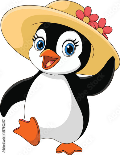 Cute cartoon penguin wearing a sun hat decorated with lovely pink flowers smiling