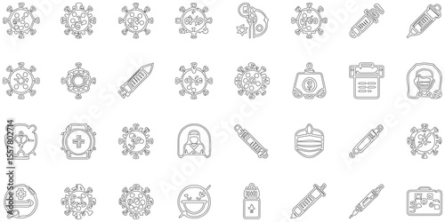 Set of black line icon related to virus with seamless pattern abstract background, modern icon pattern health element with tecnology service.