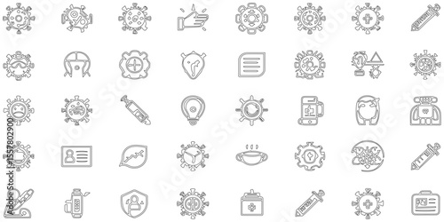 Set of black line icon related to virus with seamless pattern abstract background, modern icon pattern health element with tecnology service.
