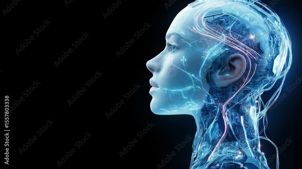 Futuristic glowing cybernetic female head in profile, transparent circuits and neural network in vibrant blue light, conceptual animation for AI branding, technology promos, and innovation content Futuristic glowing cybernetic female head in profile, transparent circuits and neural network in vibrant blue light, conceptual animation for AI branding, technology promos, and innovation content