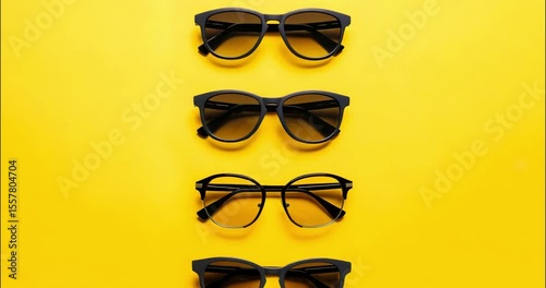many sunglasses and eyeglasses moving on yellow background with copy space. vocation or optic store concept. mockup 4K