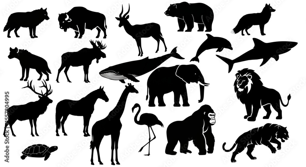 Naklejka premium Global Wildlife Animal Silhouettes - Diverse Species Collection Including Marine Life, Forest Animals and Big Game Vectors