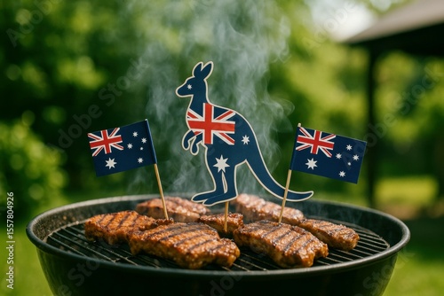 Traditional Australian barbecue celebration with grilled meat, kangaroo silhouette, and national flags