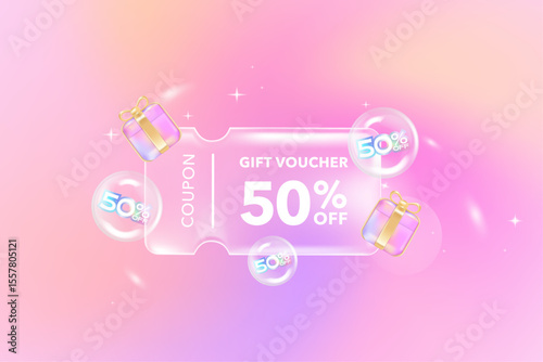 Transparency gift voucher coupon on gradient background. Discount offer tag with shiny, glossy, reflective surface.	