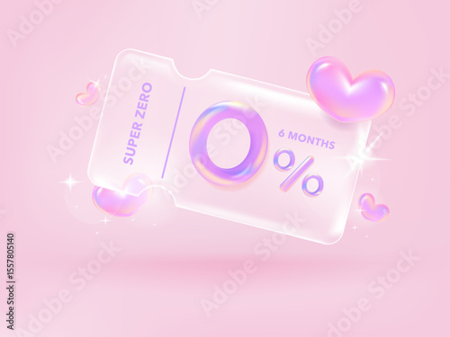 Zero percentage credit and Discount coupon online purchases. Transparency Tag label, banner with 3d holographic Percentage isolated. 3d rendering.