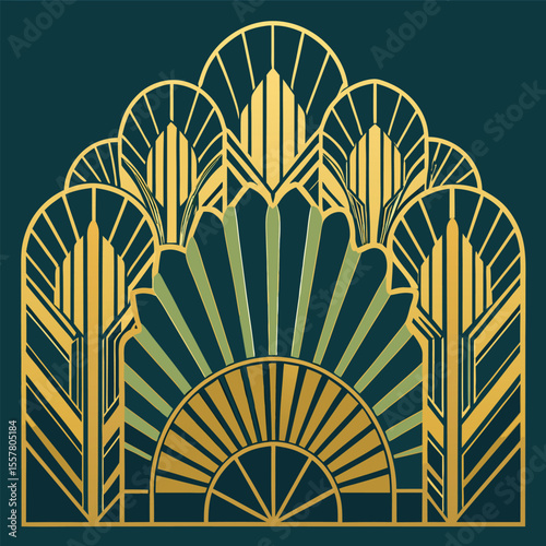 Elegant Art Deco background with golden symmetrical arches and lines on a black or emerald green surface.