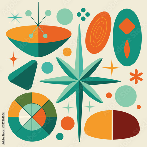 Mid-century modern seamless pattern with atomic era shapes. Retro 1950s vector background.