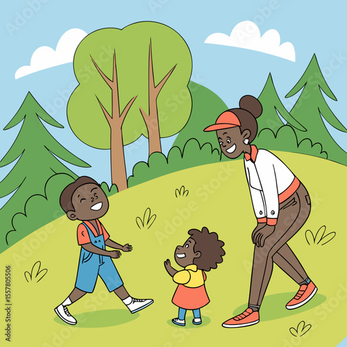 Happy Family Cartoon Outdoors – Parents and children in Nature Vector