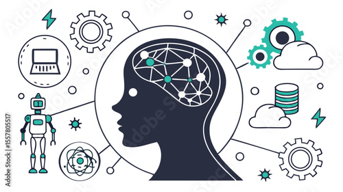 Artificial Intelligence Human Brain and Machine Learning Vector Illustration