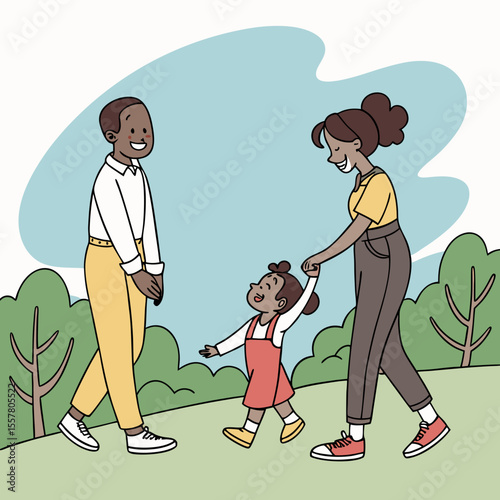 Happy Family Cartoon Outdoors – Parents and children in Nature Vector