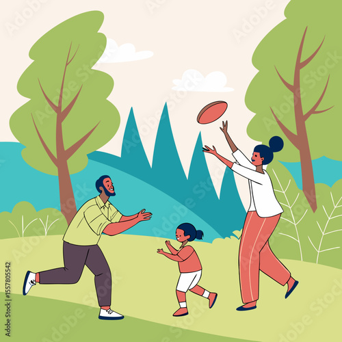 Happy Family Cartoon Outdoors – Parents and children in Nature Vector