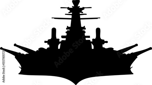 Silhouette of battleship with multiple turrets and antennas, showcasing powerful naval presence