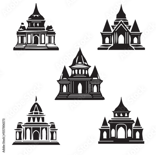  Set of temple silhouette icon with transparent background