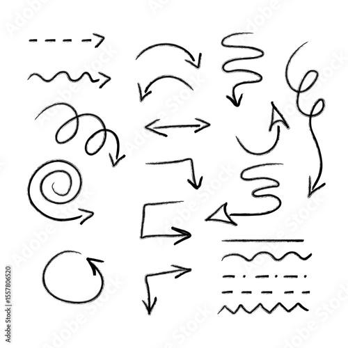Hand drawn doodle arrows set. Black line arrows and curves in different directions. Sketch style spiral, zigzag, wavy, curved, straight, dashed lines and circles