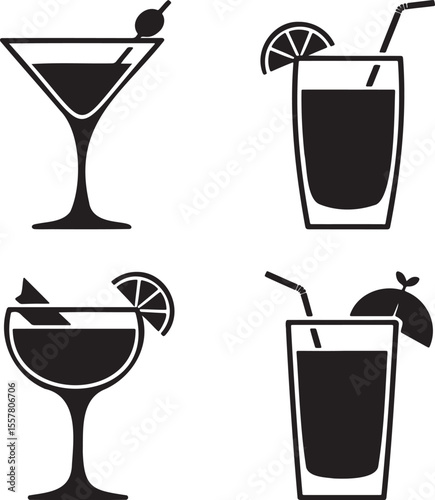  Set of Alcoholic cocktails silhouette vector illustration isolated On Transparent Background 