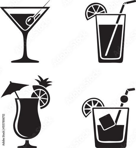  Set of Alcoholic cocktails silhouette vector illustration isolated On Transparent Background 
