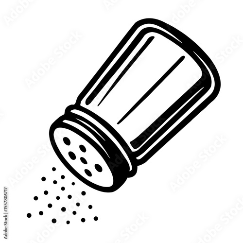 Classic black and white vector illustration of a salt shaker actively dispensing granules, perfect for culinary themes, restaurant menus, or kitchen-related designs.