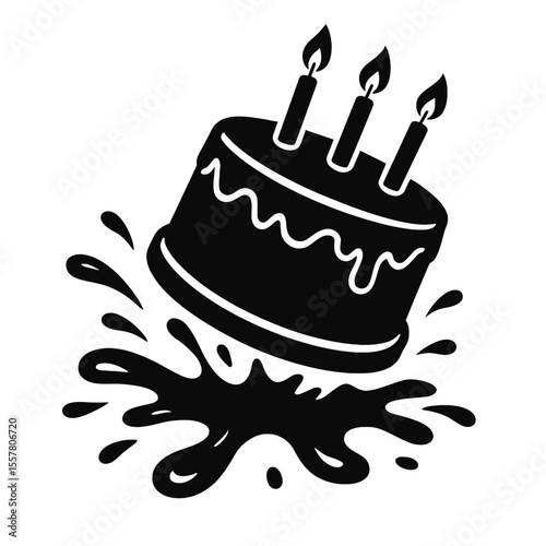 Dynamic black and white vector illustration of a birthday cake splashing, conveying a playful, messy, or celebratory vibe, perfect for quirky designs and party themes.