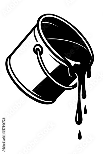 Dynamic black and white vector illustration of a paint bucket spilling liquid, ideal for creative projects, art themes, or DIY graphics.