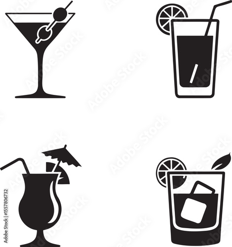  Set of Alcoholic cocktails silhouette vector illustration isolated On Transparent Background 